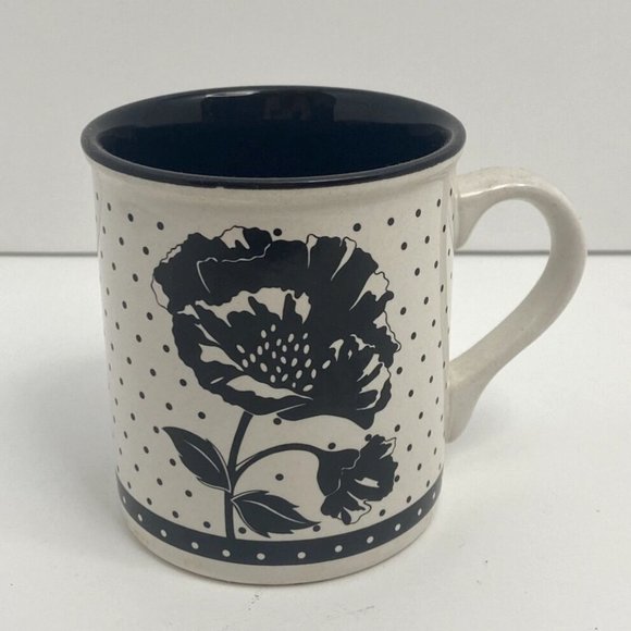 1989 Potpourri Press Coffee Mug Cup Black and White Dot Floral Made in Korea - Picture 1 of 8